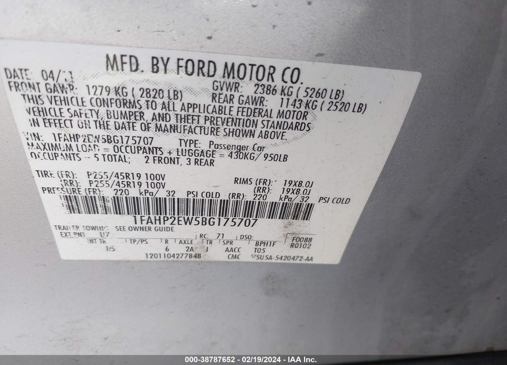 2011 FORD TAURUS SEL VIN: 1FAHP2EW5BG175707
