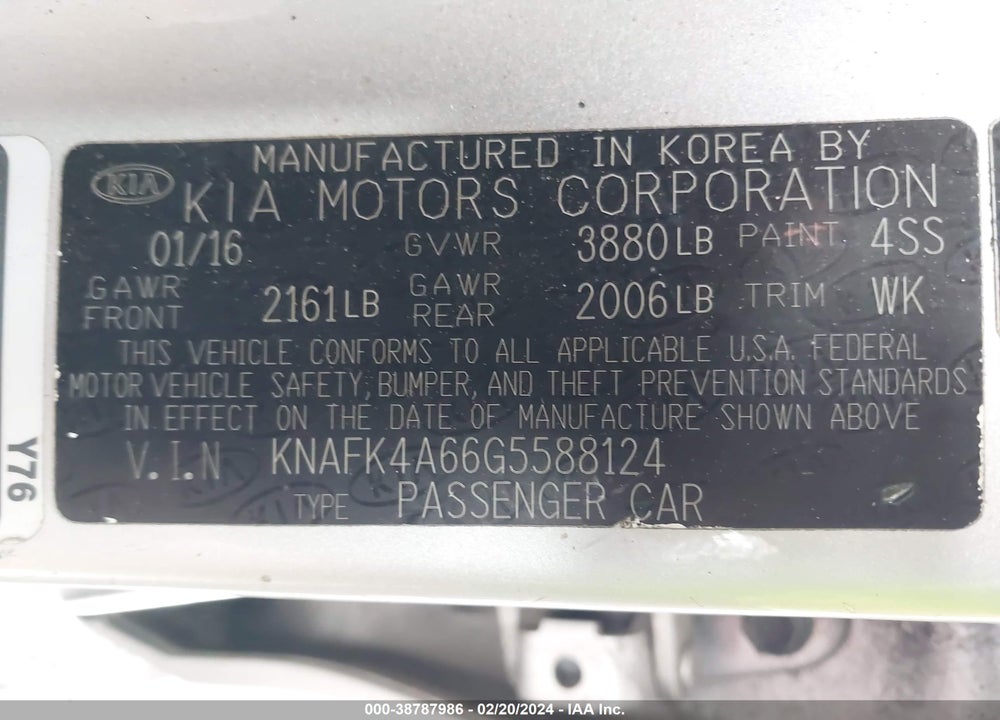 2016 KIA FORTE LX VIN: KNAFK4A66G5588124