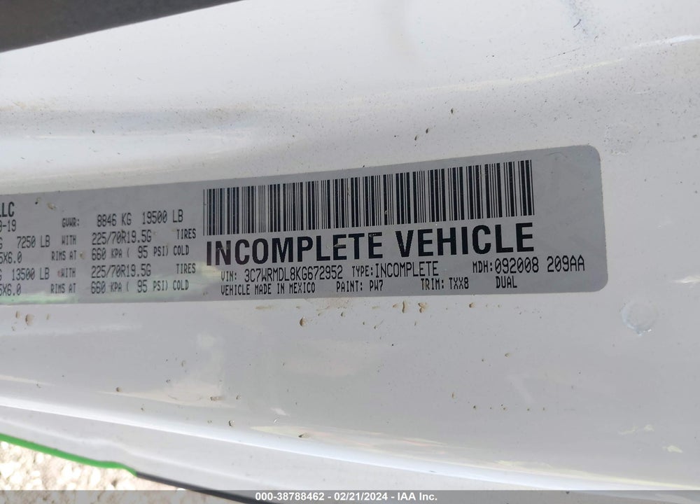 2019 RAM 5500 CHASSIS TRADESMAN/SLT VIN: 3C7WRMDL8KG672952