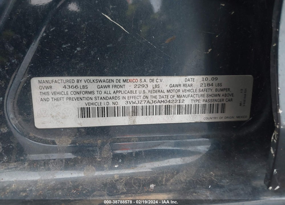 2010 VOLKSWAGEN JETTA VIN: 3VWJZ7AJ6AM042212