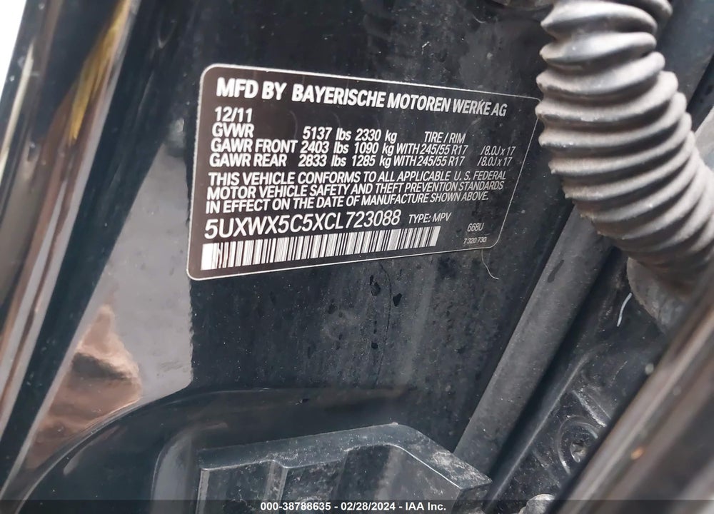 2012 BMW X3 XDRIVE28I VIN: 5UXWX5C5XCL723088