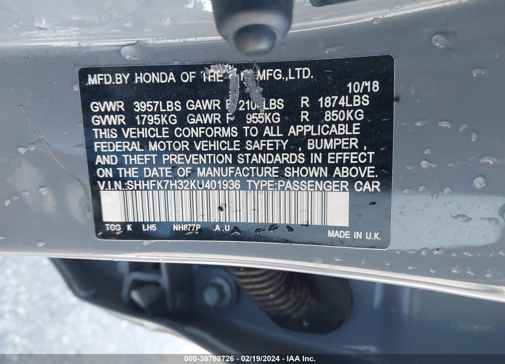 2019 HONDA CIVIC LX VIN: SHHFK7H32KU401936