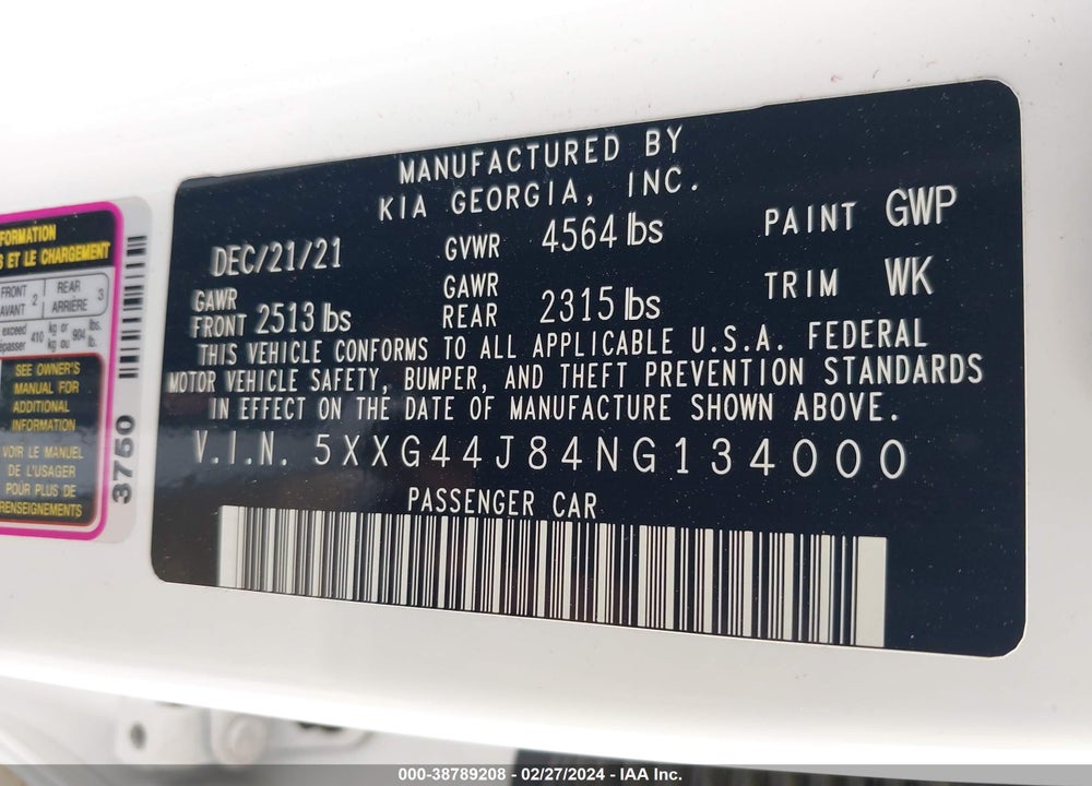 2022 KIA K5 GT VIN: 5XXG44J84NG134000