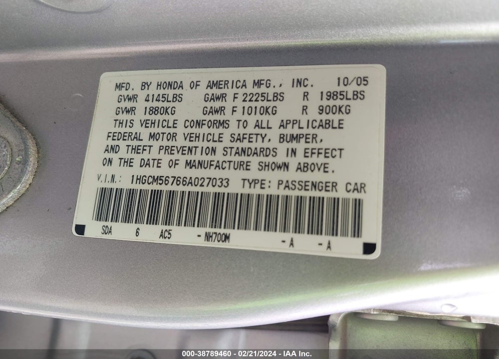2006 HONDA ACCORD 2.4 EX VIN: 1HGCM56766A027033
