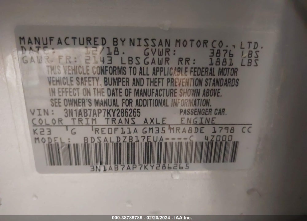 2019 NISSAN SENTRA SV VIN: 3N1AB7AP7KY286265