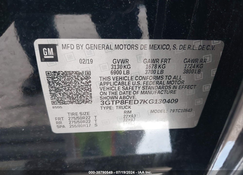 2019 GMC SIERRA 1500 DENALI VIN: 3GTP8FED7KG130409