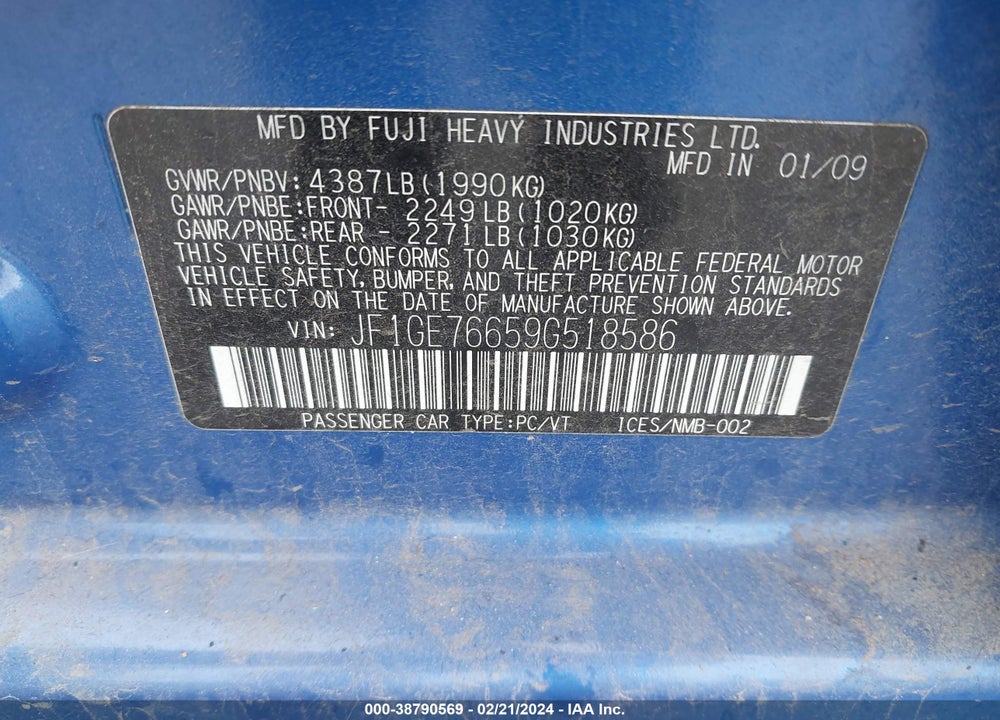 2009 SUBARU IMPREZA WRX VIN: JF1GE76659G518586