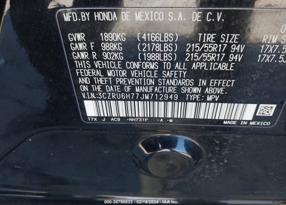 2018 HONDA HR-V EX-L VIN: 3CZRU6H77JM712949