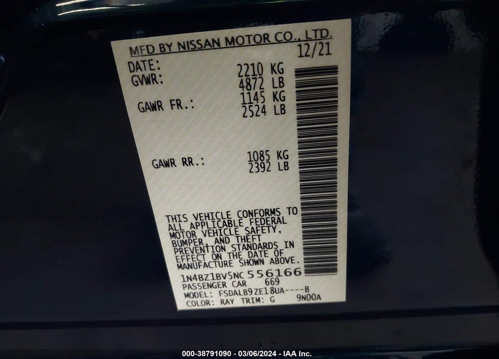 2022 NISSAN LEAF S PLUS 62 KWH VIN: 1N4BZ1BV5NC556166