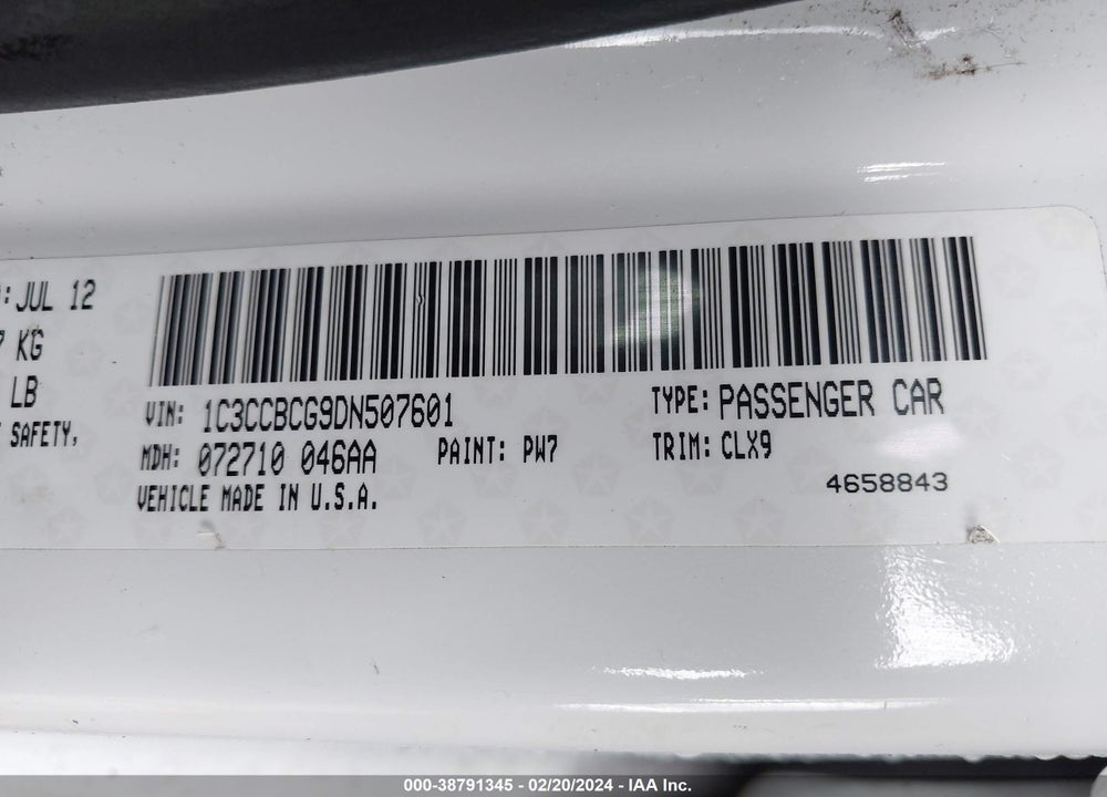 2013 CHRYSLER 200 LIMITED VIN: 1C3CCBCG9DN507601