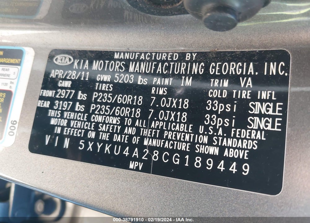 2012 KIA SORENTO EX V6 VIN: 5XYKU4A28CG189449