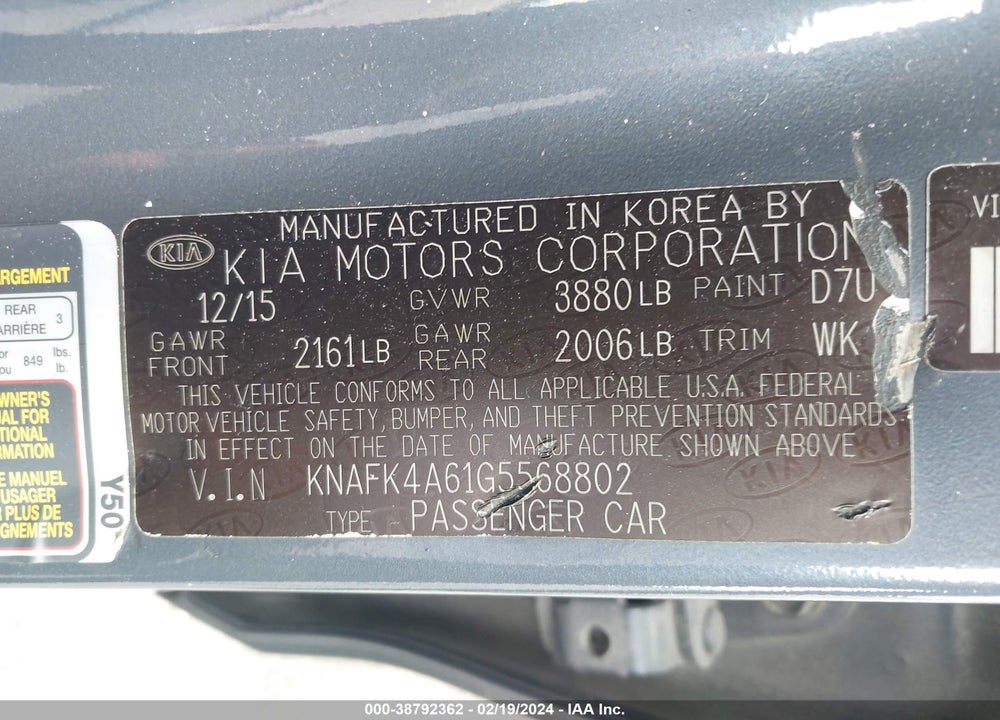 2016 KIA FORTE LX VIN: KNAFK4A61G5568802