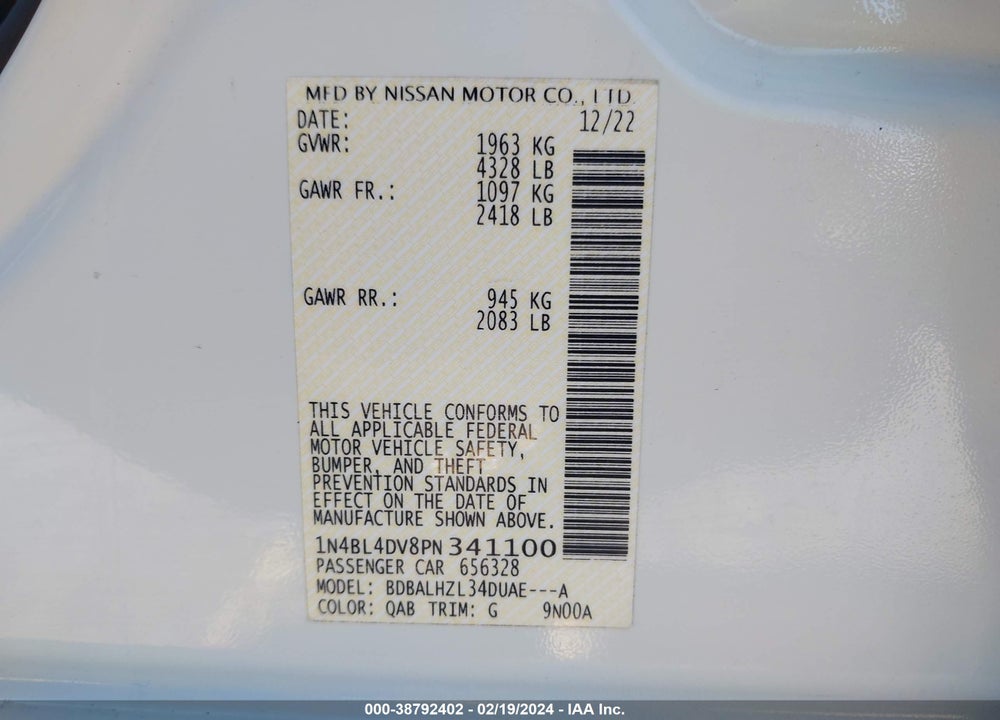 2023 NISSAN ALTIMA SV FWD VIN: 1N4BL4DV8PN341100