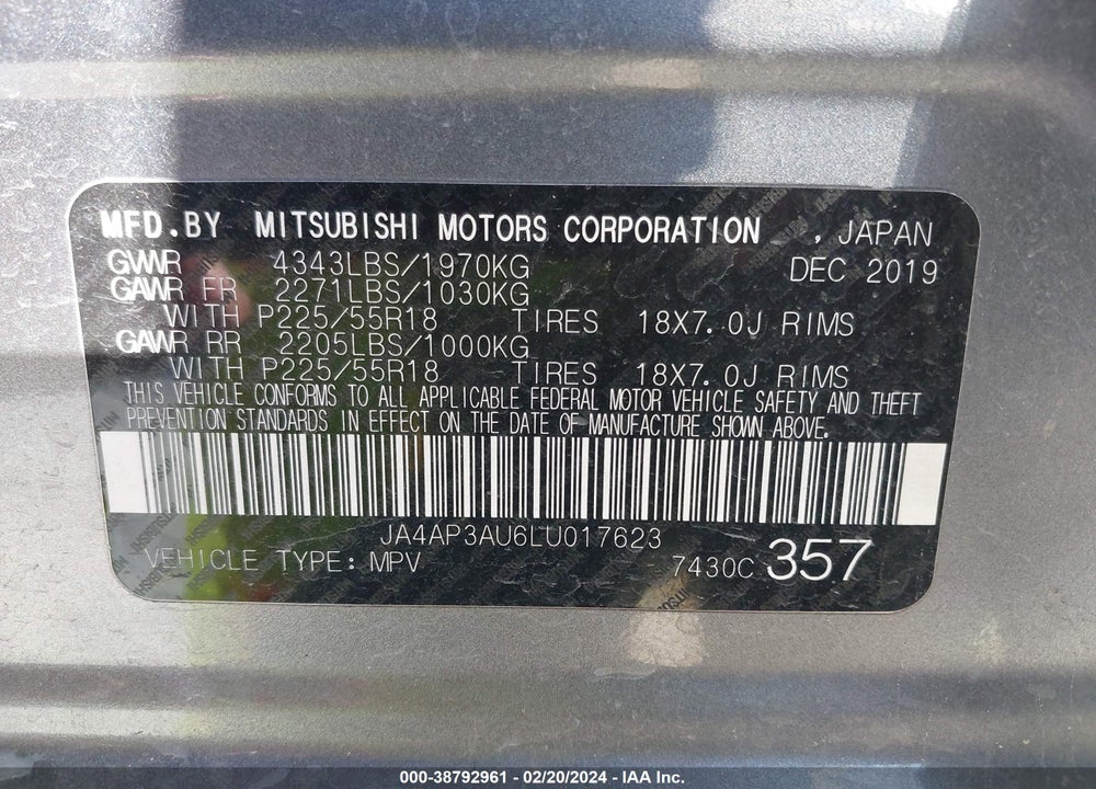 2020 MITSUBISHI OUTLANDER SPORT 2.0 BE/2.0 ES/2.0 SP VIN: JA4AP3AU6LU017623