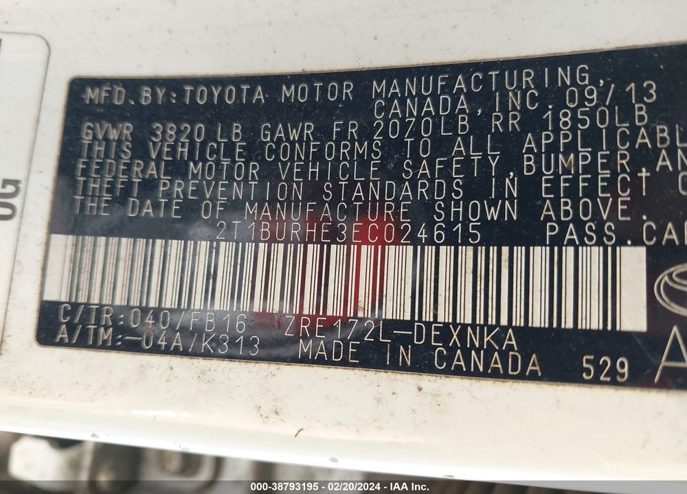 2014 TOYOTA COROLLA LE VIN: 2T1BURHE3EC024615