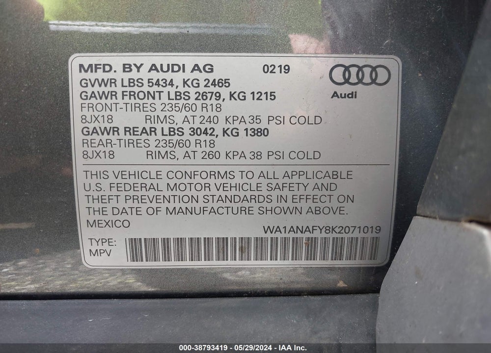 2019 AUDI Q5 45 PREMIUM VIN: WA1ANAFY8K2071019