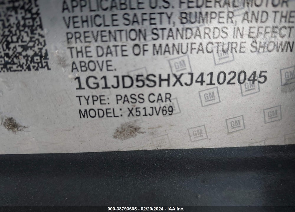 2018 CHEVROLET SONIC LT AUTO VIN: 1G1JD5SHXJ4102045