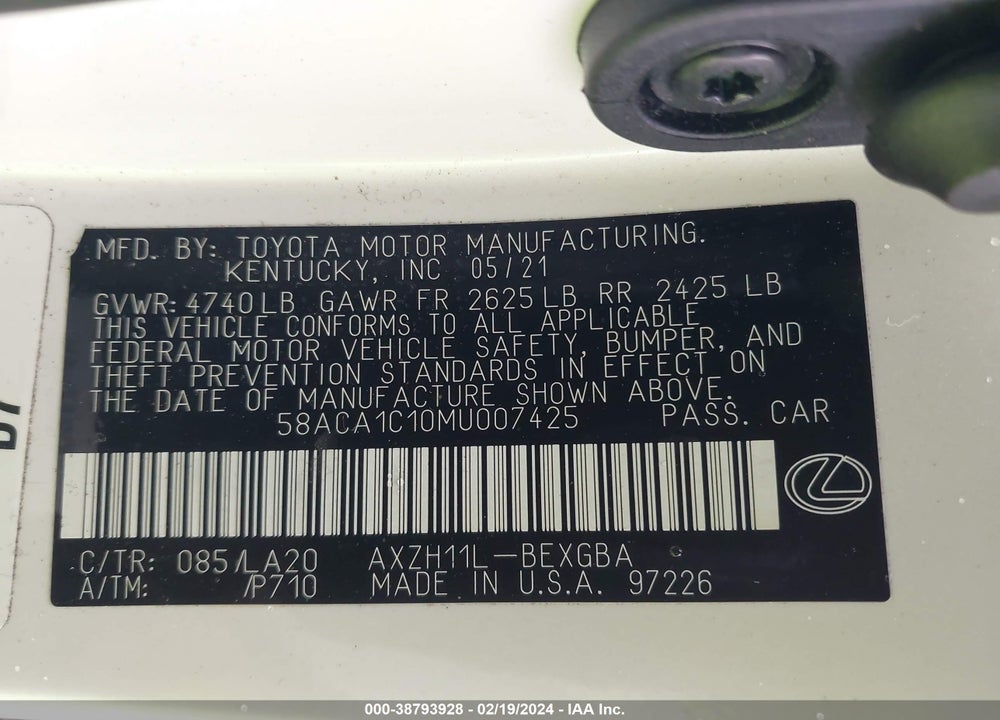 2021 LEXUS ES 300H VIN: 58ACA1C10MU007425