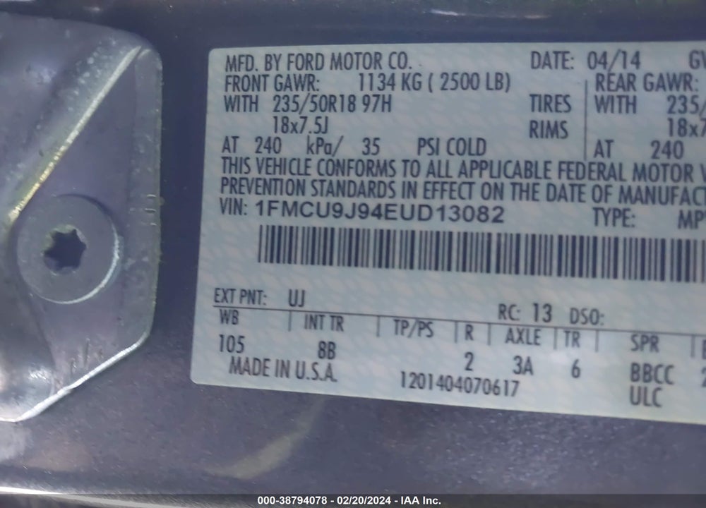 2014 FORD ESCAPE TITANIUM VIN: 1FMCU9J94EUD13082