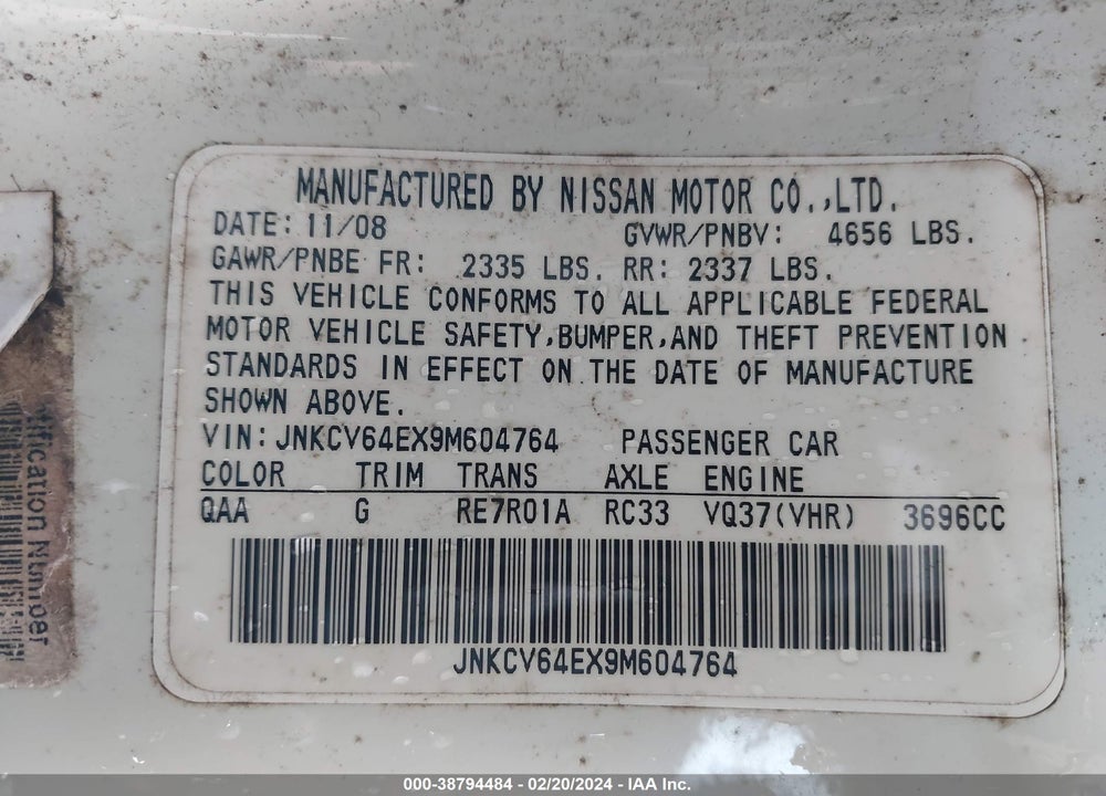 2009 INFINITI G37 VIN: JNKCV64EX9M604764
