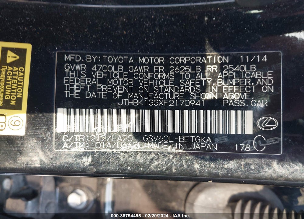 2015 LEXUS ES 350 VIN: JTHBK1GGXF2170941