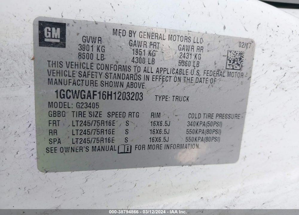 2017 CHEVROLET EXPRESS 2500 WORK VAN VIN: 1GCWGAF16H1203203