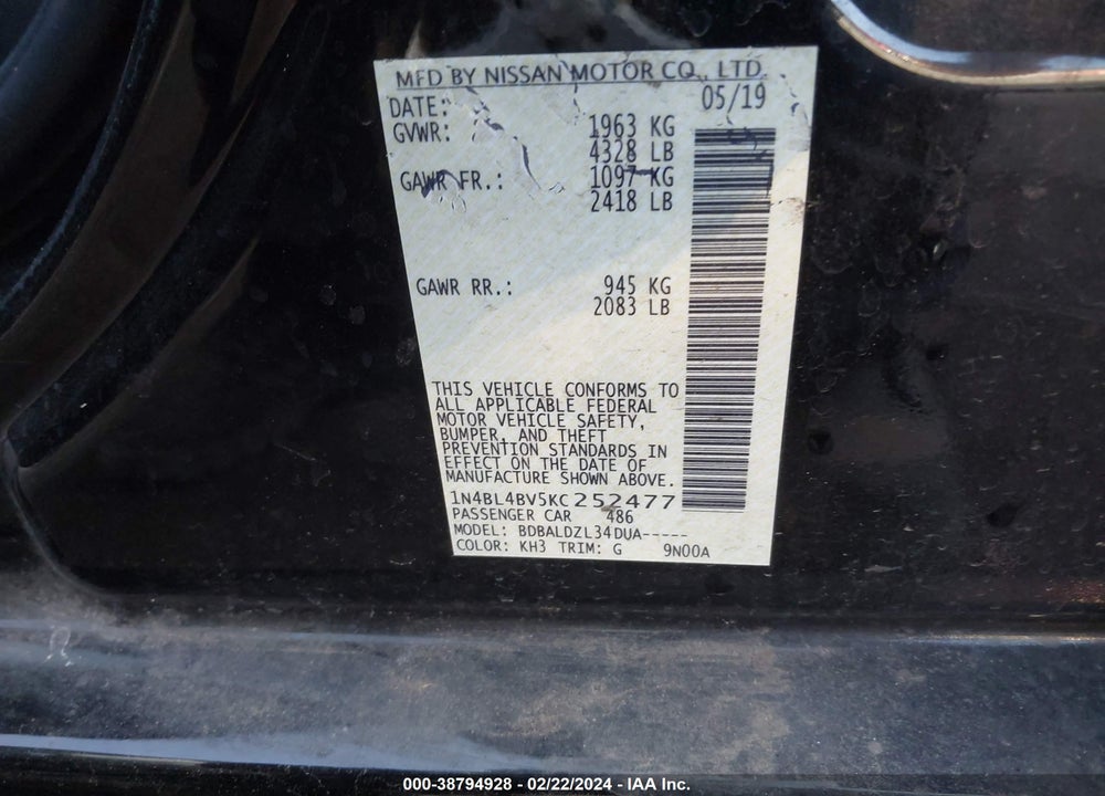 2019 NISSAN ALTIMA 2.5 S VIN: 1N4BL4BV5KC252477