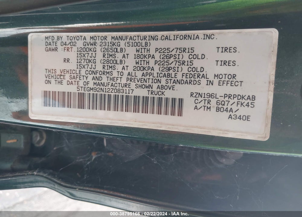 2002 TOYOTA TACOMA PRERUNNER VIN: 5TEGM92N12Z083117