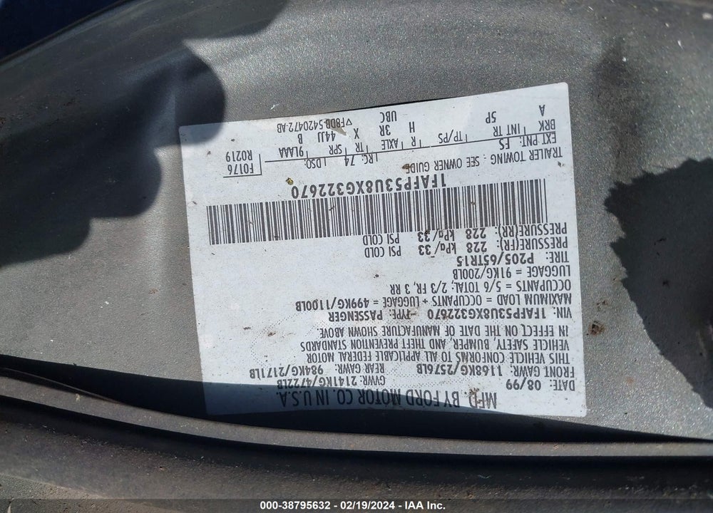 1999 FORD TAURUS SE/SE-NE VIN: 1FAFP53U8XG322670