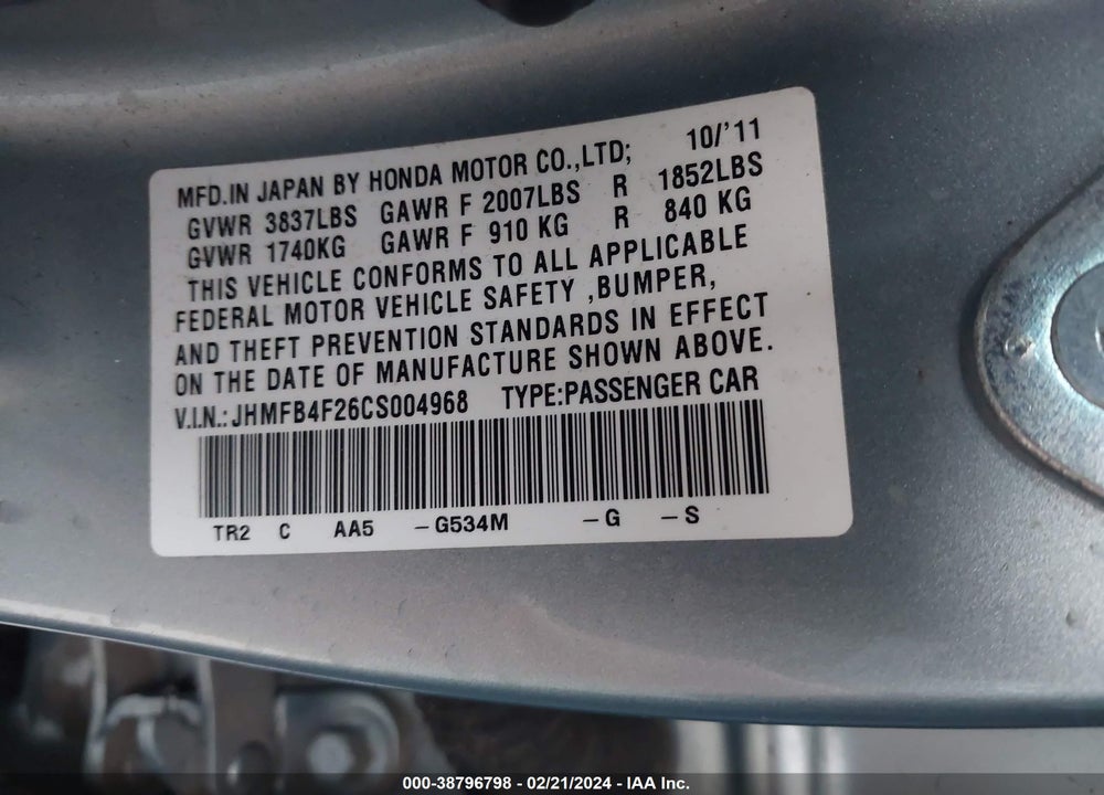2012 HONDA CIVIC HYBRID VIN: JHMFB4F26CS004968