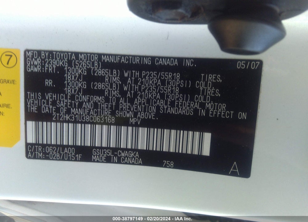 2008 LEXUS RX 350 VIN: 2T2HK31U38C063168