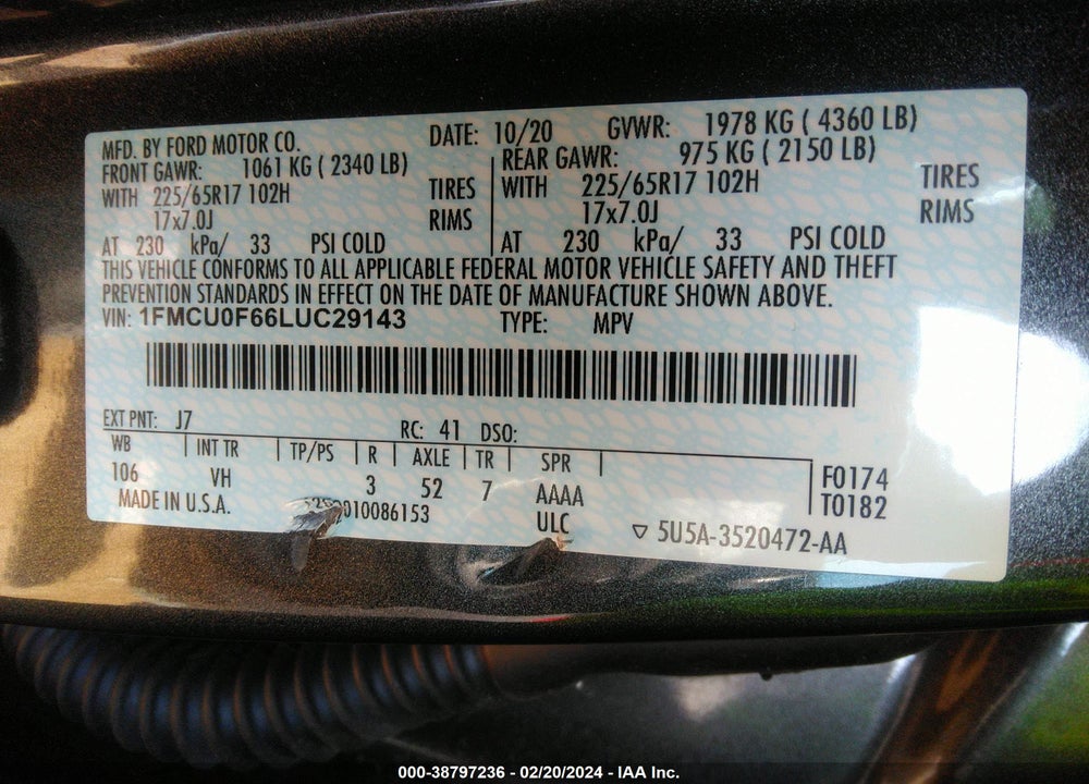 2020 FORD ESCAPE S VIN: 1FMCU0F66LUC29143
