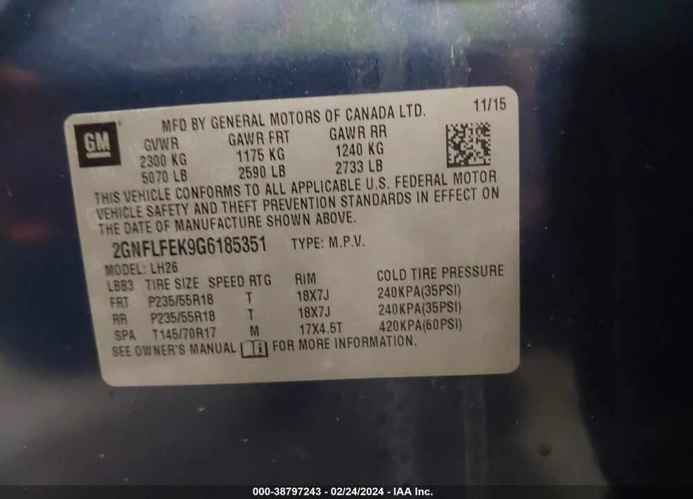 2016 CHEVROLET EQUINOX LT VIN: 2GNFLFEK9G6185351