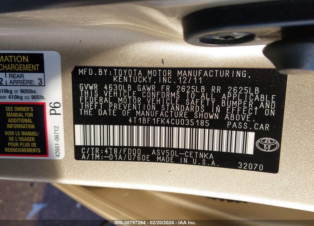 2012 TOYOTA CAMRY LE VIN: 4T1BF1FK4CU035185