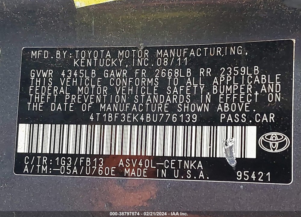 2011 TOYOTA CAMRY LE VIN: 4T1BF3EK4BU776139