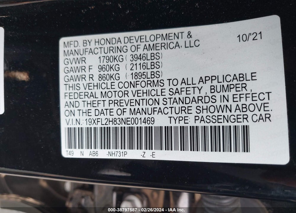 2022 HONDA CIVIC SPORT VIN: 19XFL2H83NE001469