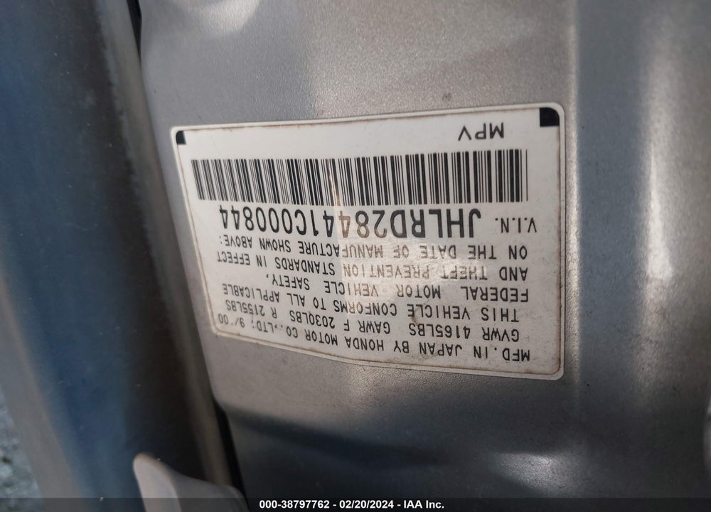 2001 HONDA CR-V LX VIN: JHLRD28441C000844
