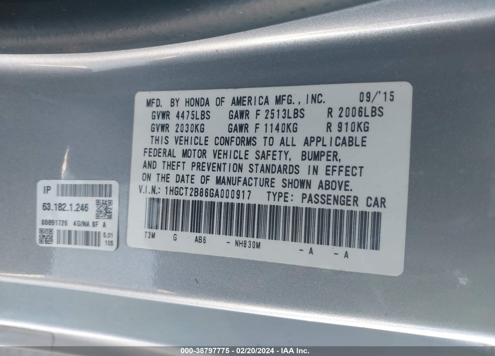 2016 HONDA ACCORD EX-L V-6 VIN: 1HGCT2B86GA000917