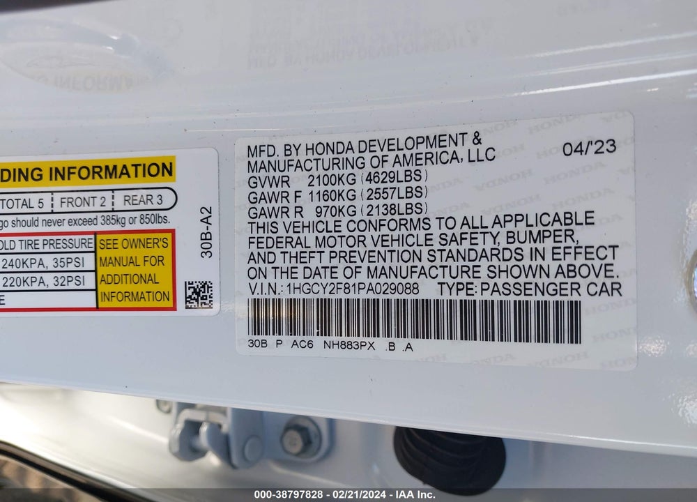2023 HONDA ACCORD HYBRID TOURING VIN: 1HGCY2F81PA029088