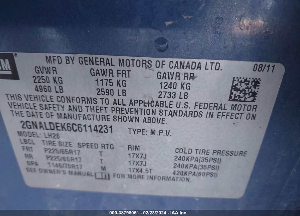 2012 CHEVROLET EQUINOX 1LT VIN: 2GNALDEK6C6114231