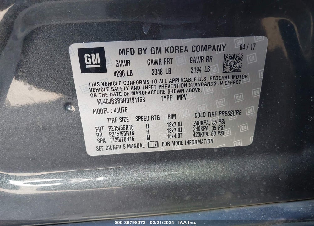 2017 BUICK ENCORE PREFERRED II VIN: KL4CJBSB3HB191153