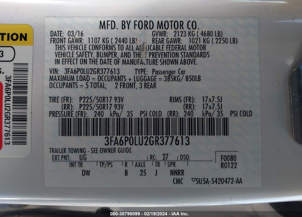 2016 FORD FUSION HYBRID SE VIN: 3FA6P0LU2GR377613