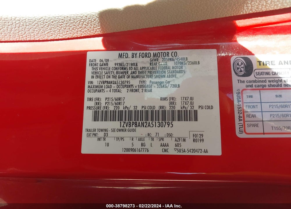 2010 FORD MUSTANG V6/V6 PREMIUM VIN: 1ZVBP8AN2A5130795