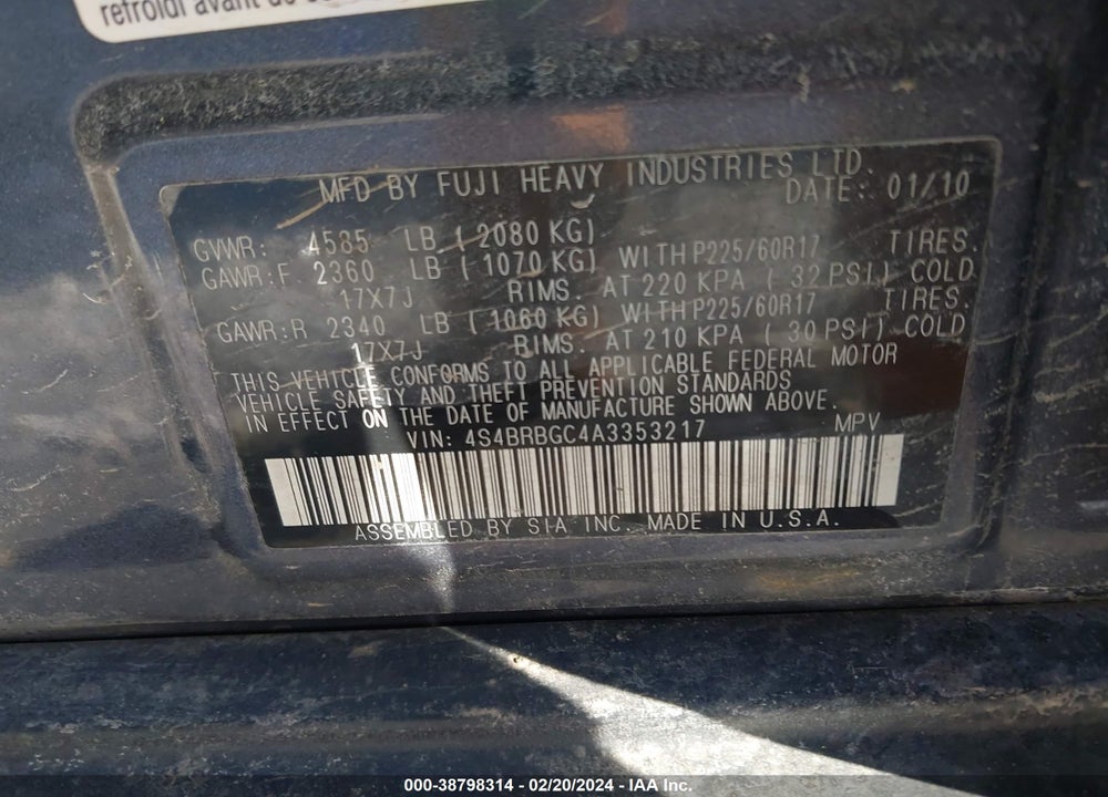 2010 SUBARU OUTBACK 2.5I PREMIUM VIN: 4S4BRBGC4A3353217