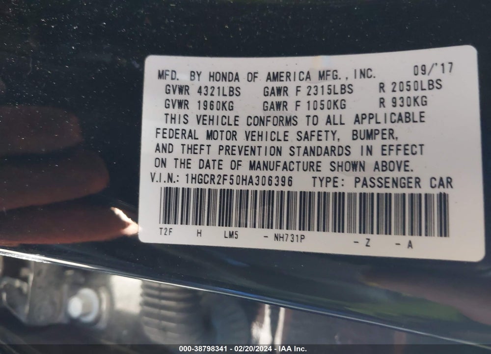 2017 HONDA ACCORD SPORT VIN: 1HGCR2F50HA306396