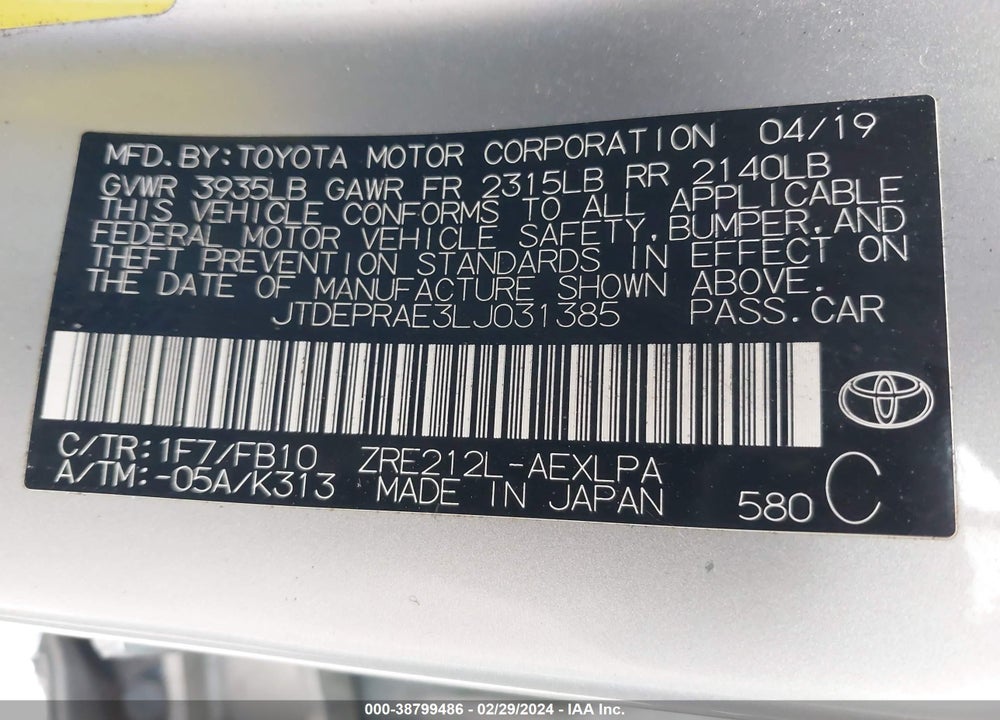 2020 TOYOTA COROLLA VIN: JTDEPRAE3LJ031385