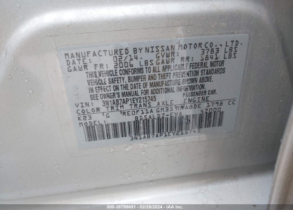 2014 NISSAN SENTRA VIN: 3N1AB7AP1EY215745