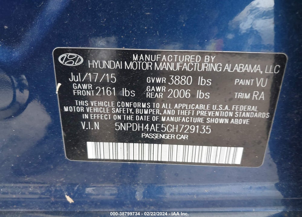 2016 HYUNDAI ELANTRA SE VIN: 5NPDH4AE5GH729135