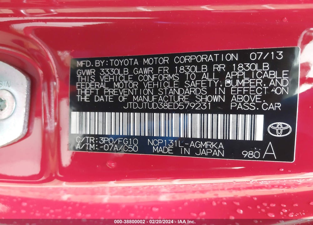 2014 TOYOTA YARIS L (TMC/CBU PLANT) VIN: JTDJTUD38ED579231