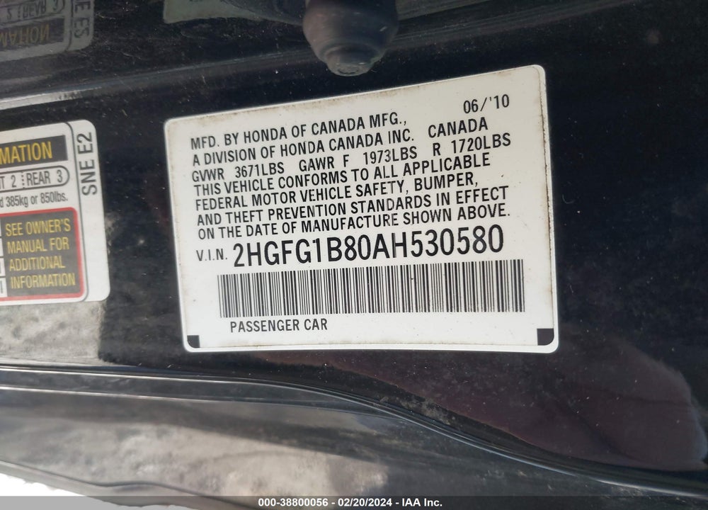 2010 HONDA CIVIC EX VIN: 2HGFG1B80AH530580